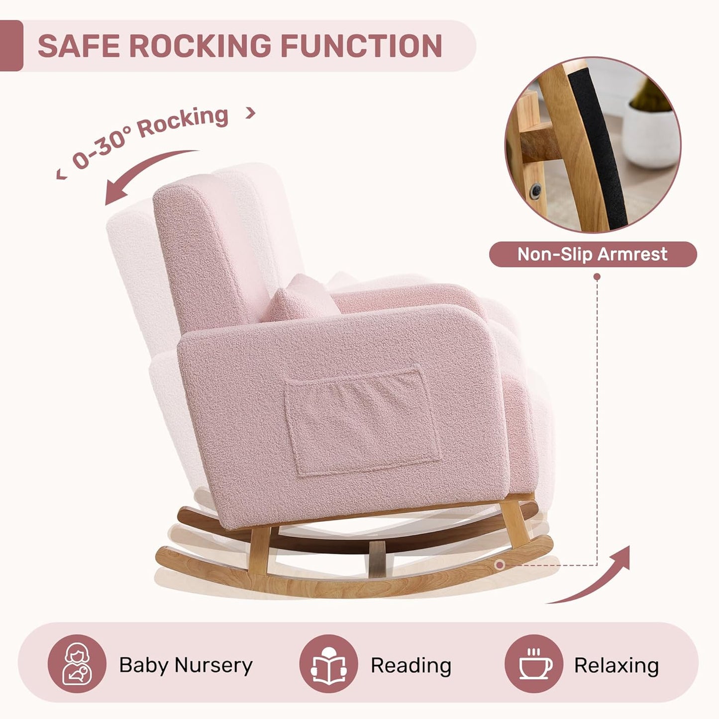 HCHAIRH Nursery Rocking Chair with Ottoman, Upholstered Glider Rocker with High Backrest Side Pocket, Rocking Accent Armchair with Solid Wood Legs for Nursery, Living Room, Bedroom, Light Grey