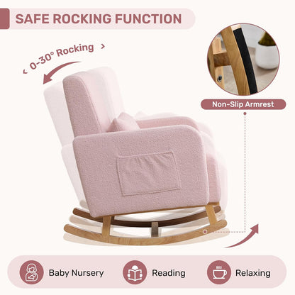 HCHAIRH Nursery Rocking Chair with Ottoman, Upholstered Glider Rocker with High Backrest Side Pocket, Rocking Accent Armchair with Solid Wood Legs for Nursery, Living Room, Bedroom, Light Grey