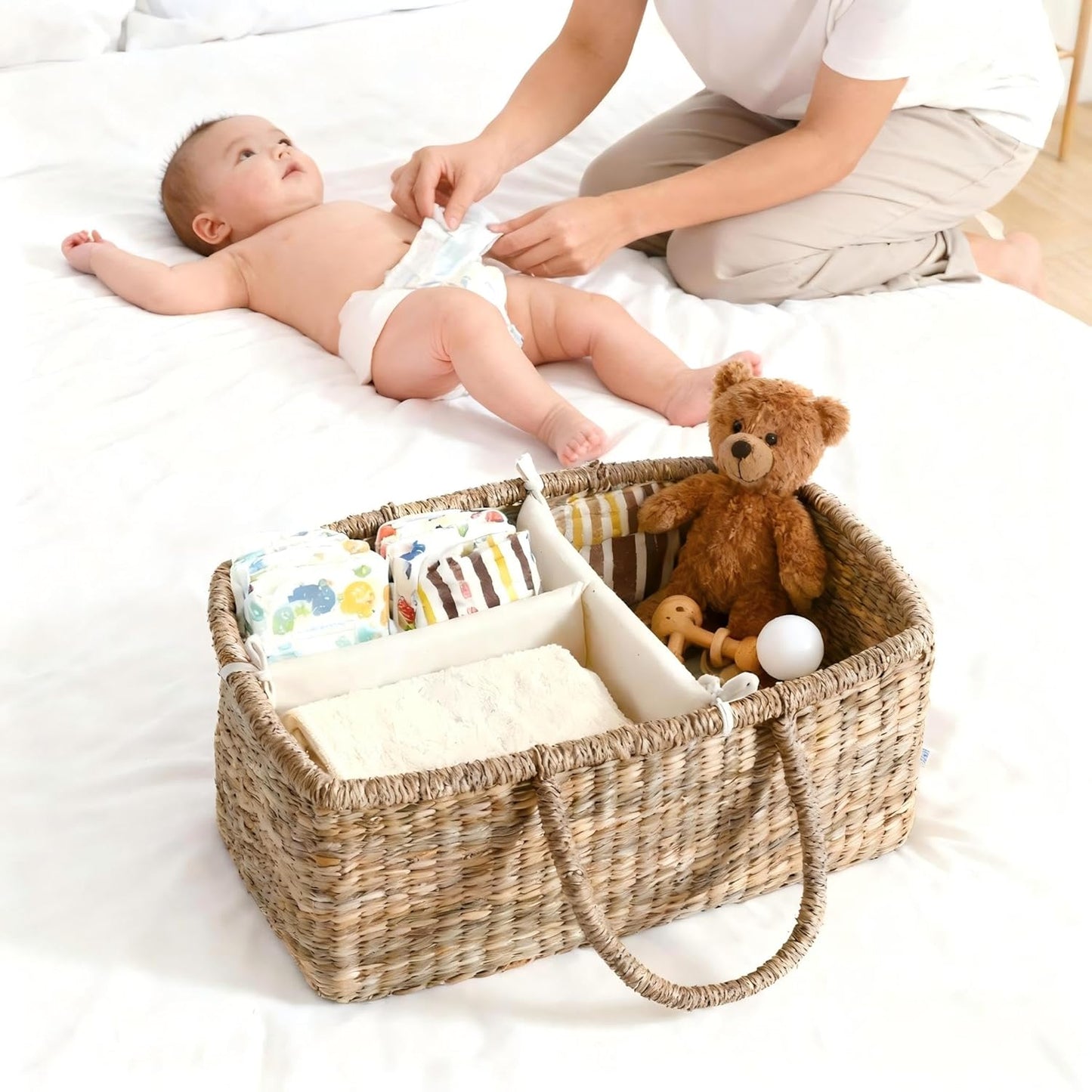 Premium Wicker Baby Diaper Caddy Organizer, Woven Seagrass Basket with Handles, Diaper Basket with Dividers (Seagrass)