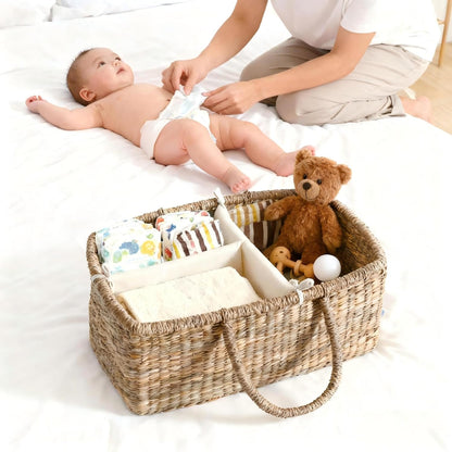 Premium Wicker Baby Diaper Caddy Organizer, Woven Seagrass Basket with Handles, Diaper Basket with Dividers (Seagrass)