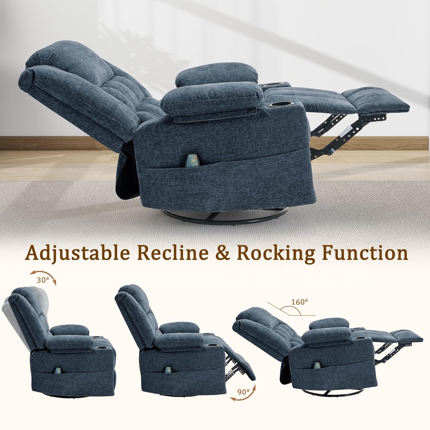 Korser 360° Swivel Rocker Recliner for Adults, Nursery Glider Recliner with Massage and Heating, Rocking Chair with Cup Holder, Manual Recliner Chair for Living Room, Bedroom (Fabric, Beige)