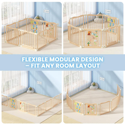 Foldable Wooden Playpen - Adjustable Wood Baby Play Yard with Child-Proof Lock, Indoor Large Safety Fence for Babies and Toddlers - Easy Assembly, 55 x 55 x 24 inches, Dino Land, Colorful