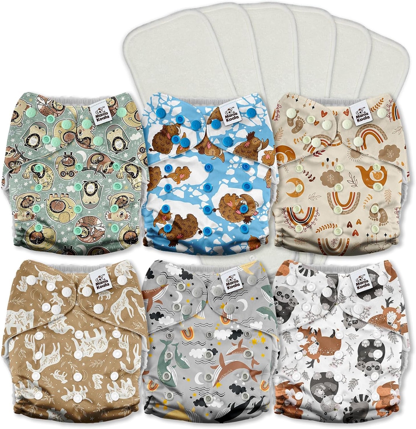 Mama Koala 3.0 Pocket Cloth Diapers for Babies with AWJ Lining, 6 Pack with 6 4-Layer Natural Cloth Diaper Inserts - Reusable and Washable Pocket Diapers(Hardworking Bees) - Colors A