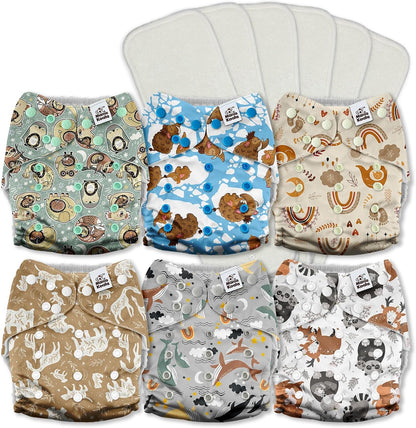 Mama Koala 3.0 Pocket Cloth Diapers for Babies with AWJ Lining, 6 Pack with 6 4-Layer Natural Cloth Diaper Inserts - Reusable and Washable Pocket Diapers(Hardworking Bees) - Colors A