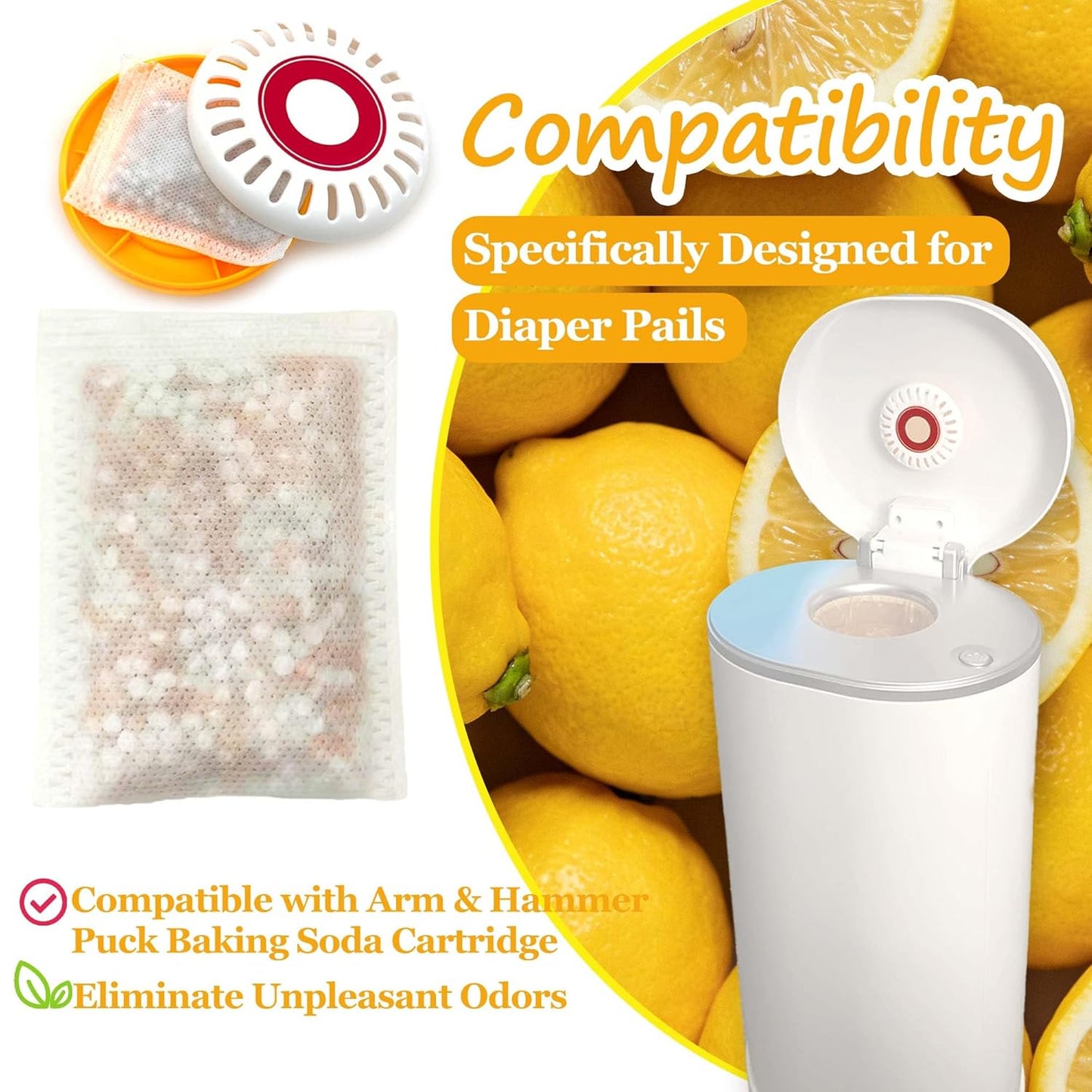 PurifyLogix Lemon-Scented Deodorizer Packs for Baby Puck Cartridge, Odor Absorber Refills Compatible with Munchkin Step and Pail Diaper Pails, 12 PCS (For 3.5" Cartridge)