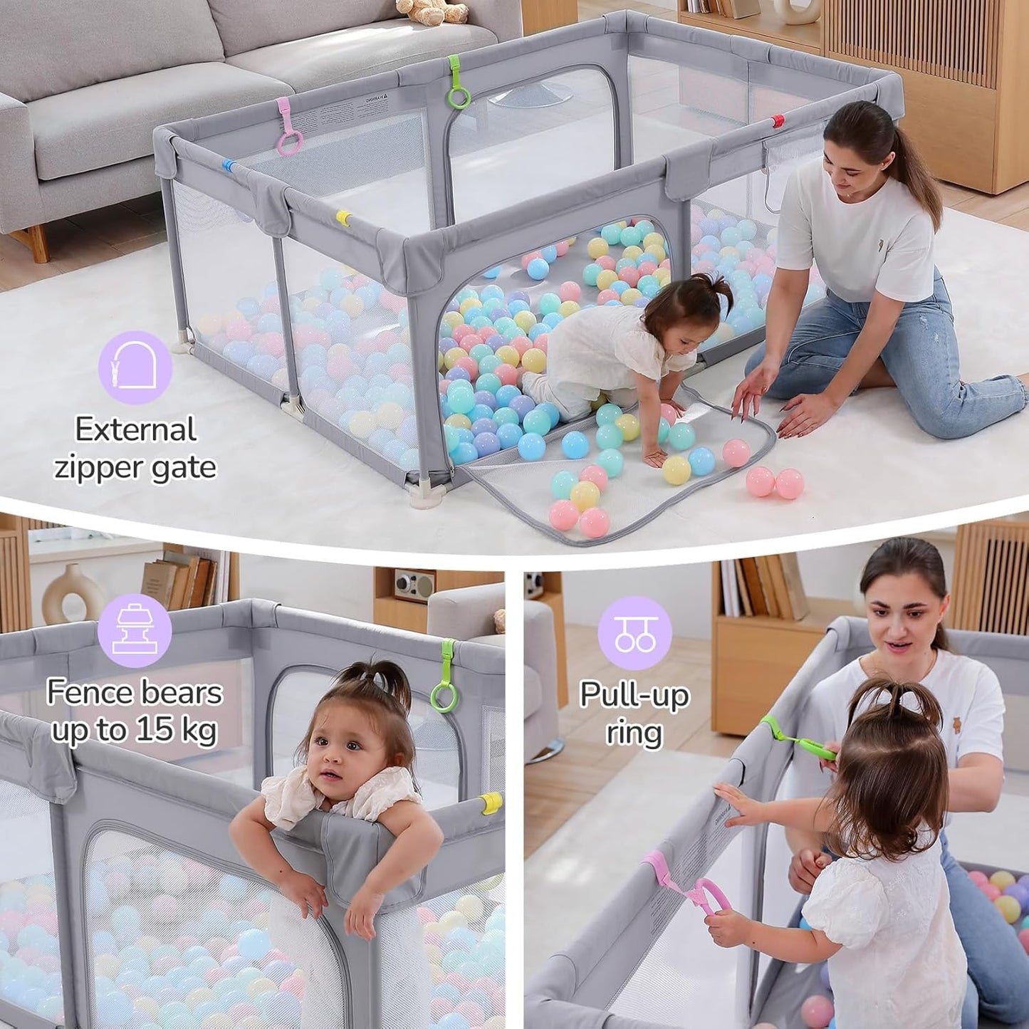 Dripex Baby Playpen, 47"x47" Small Playpen for Babies, Enhanced Safety Baby Play Yard for Indoor & Outdoor, Infant Play Pen with Soft Breathable Visible Mesh, Anti-Fall Design & Easy Setup, Grey
