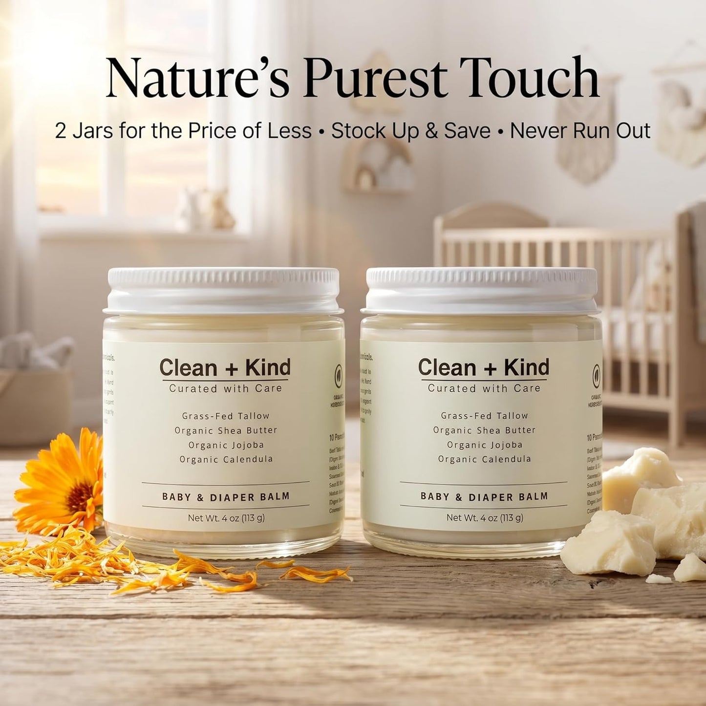 Organic Diaper Balm – 4 oz Baby Diaper Rash Cream – Soothes & Protects Sensitive Skin with Grass-Fed Tallow, Shea Butter, Jojoba & Calendula – Petroleum-Free, Organic Baby Balm