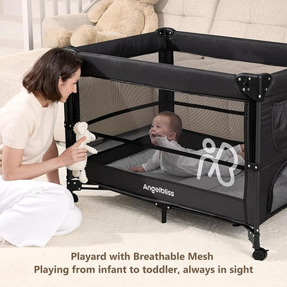 ANGELBLISS Baby Bassinet Bedside Crib, Pack and Play with Mattress, Diaper Changer, One-Push Setup Playards from Infants to Toddlers (Balck)