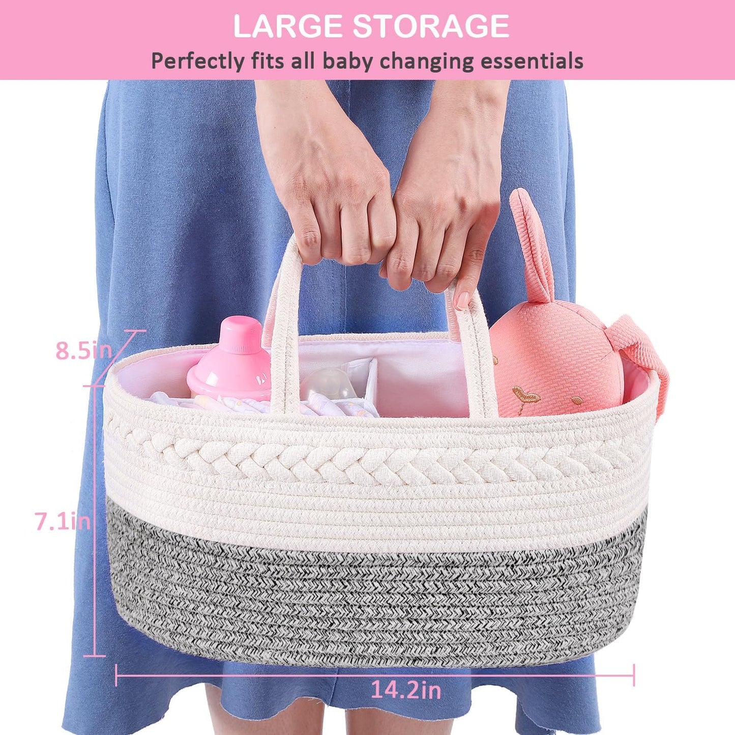 ABenkle Baby Diaper Caddy, Nursery Storage Bin and Car Organizer for Diapers and Baby Wipes, Cotton Rope Diaper Basket Caddy, Changing Table Diaper Storage Caddy