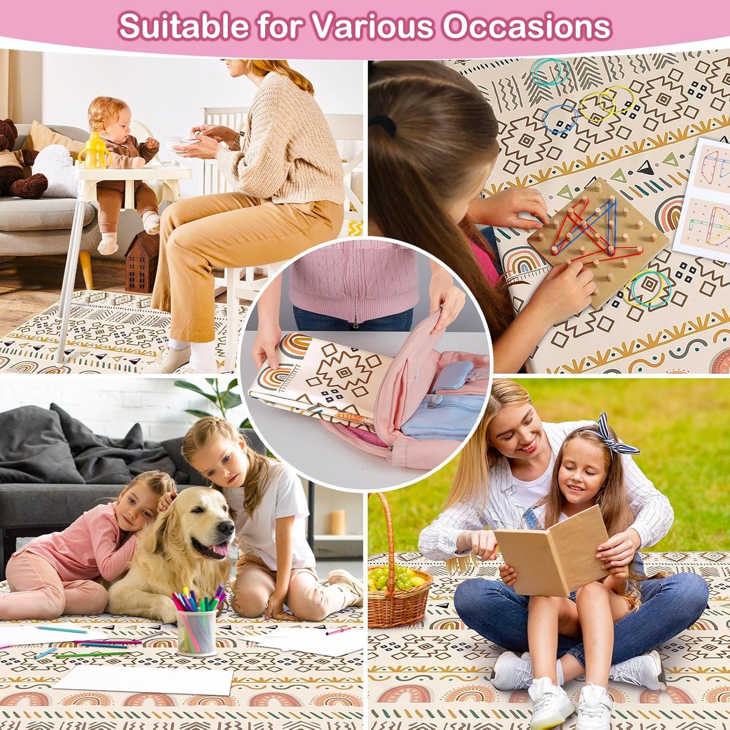 Basumee Splat Mat High Chair Mat Waterproof Baby Play Splat Mat for Under High Chair Food Catcher Highchair Mat for Floor Non Slip Bottom, Pink Rainbow, 46x42 Inches