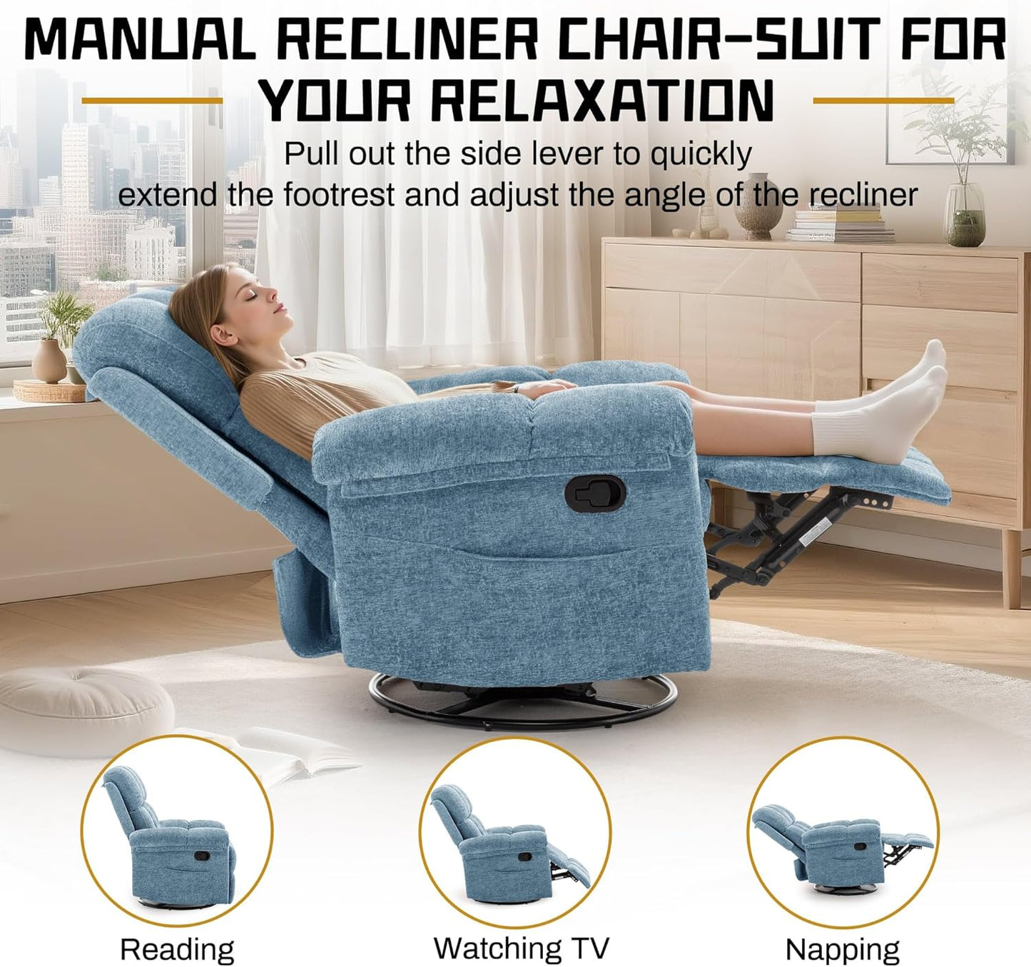 Korser Recliner Chair, Swivel Rocker Recliner Chair for Adults, Small Recliners for Small Spaces, Upholstered Manual Recliner with Side Pockets, Nursery Rocking Chair for Living Room, Chenille, Beige