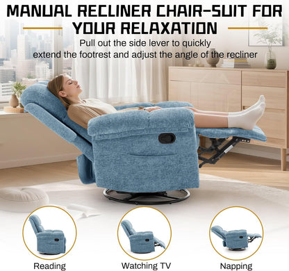 Korser Recliner Chair, Swivel Rocker Recliner Chair for Adults, Small Recliners for Small Spaces, Upholstered Manual Recliner with Side Pockets, Nursery Rocking Chair for Living Room, Chenille, Beige