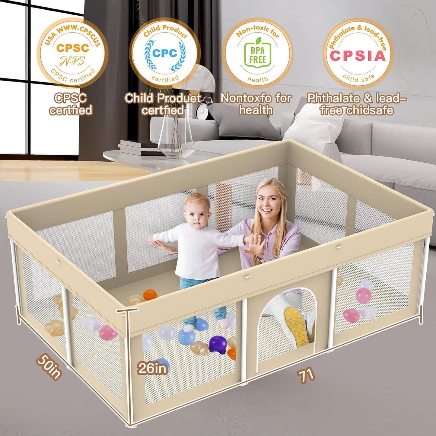 Foldable Baby Playpen 50"×50", Playard for Babies and Toddlers, Portable Safety Baby Fence Lightweight,No Installation, Indoor & Outdoor Playpen with Ocean Balls*50, Grey