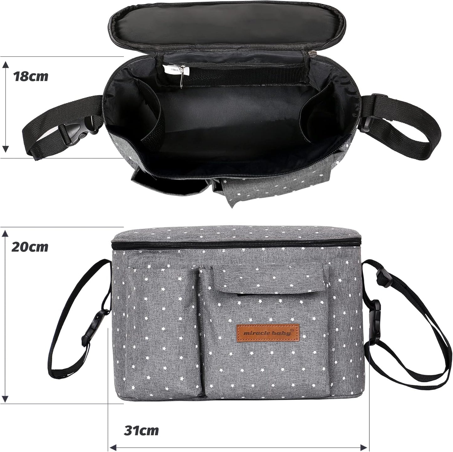 Miracle Baby Stroller Organizer Bag for Mom,Universal Stroller Storage Caddy Diaper Bag- Compatible with Most Stroller - Multifunctional Larg(Grey Star)