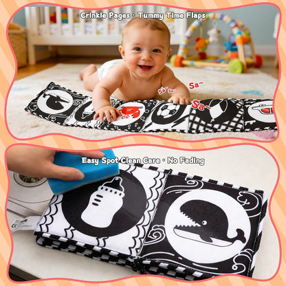High Contrast Baby Toys for Newborn – Black White Tummy Time Mirror Toy, Crinkle Sensory Baby Book 0-6 Months for Newborns, Attach to Crib/Stroller/Car Seat