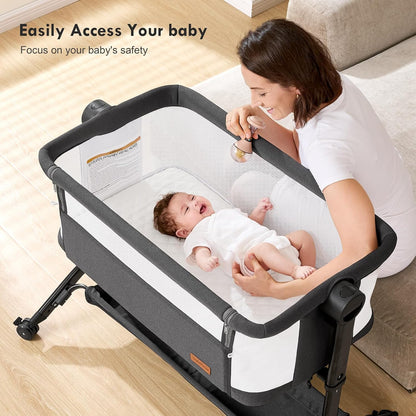 Bassinet Bedside Sleeper - All-Mesh Design, Portable Bedside Bassinet for Baby with Washable Mattress, 5 Adjustable Heights（Beige）