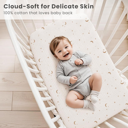 Konssy Muslin Fitted Bassinet Sheets 2 Pack for Baby Girl Boy, Soft Bedside Sleeper Bassinet Sheets Fit for Baby Bassinets, Moses Basket Oval Rectangle Pad/Mattress