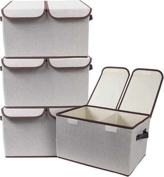 Foldable Fabric Storage Box, 16.5 x 11.8 x 9.8 inches (L x W x H), with Double-Lid & Dividers, Large Organizer for Home, Closet, Office(Grey, 4 Packs)
