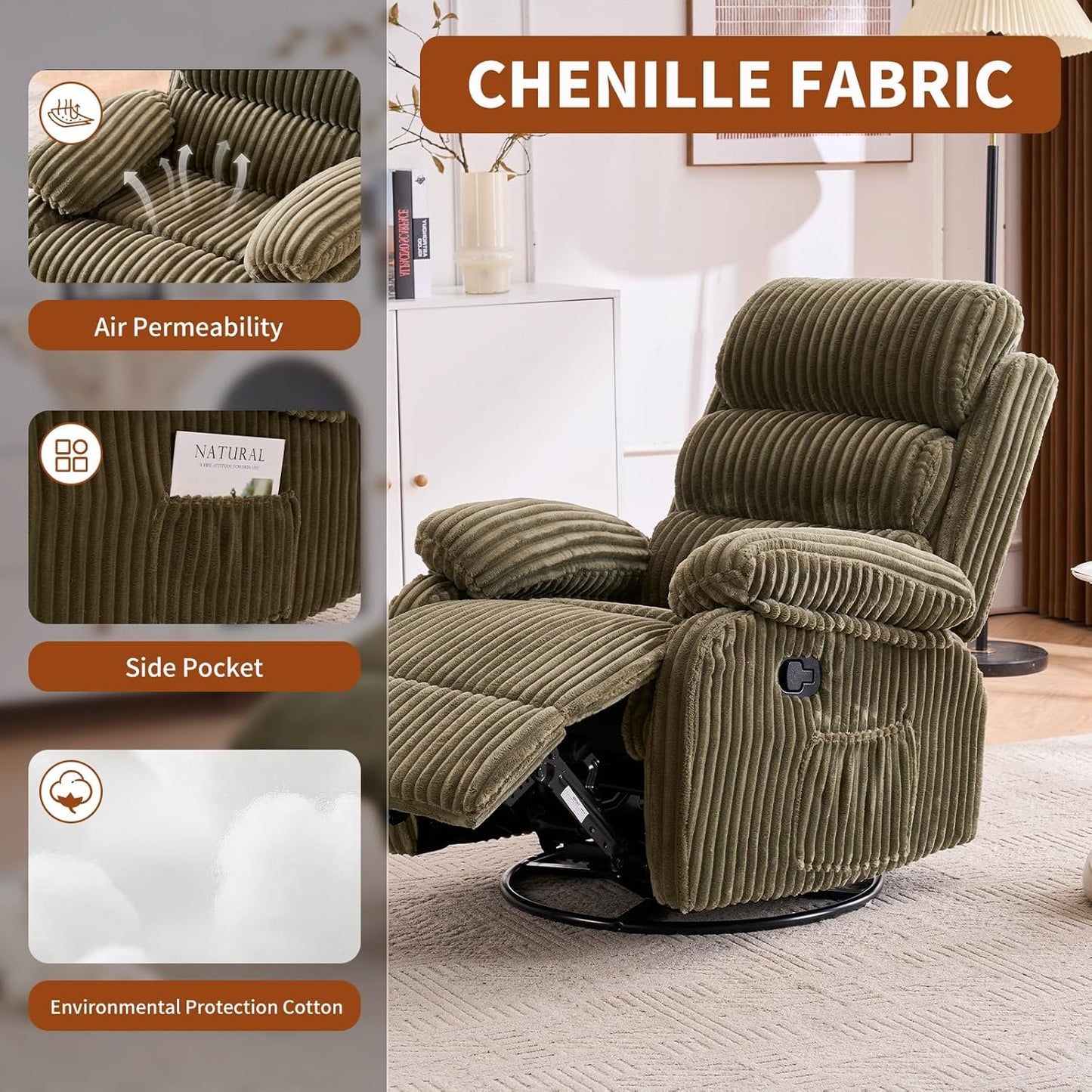 Adult 360° Rocking Recliner Chair，Nursery Rocker Reclining Chair with Side Pocket, a Comfy upholstered Single Sofa Armchair. Suitable for Living Room, Bedroom Nursing use, Velvet Fabric in Beige