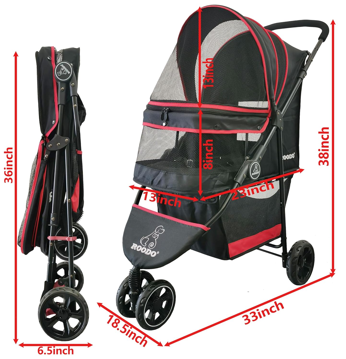ROODO Escort 3 Wheel Dog Cat Pet Stroller for Small/Medium Dogs Cats Best Lightweight Foldable Portable Compact Jogger All Terrain Travel Pet Gear System Puppy Doggie Bunny Kitty Stroller(Grey)
