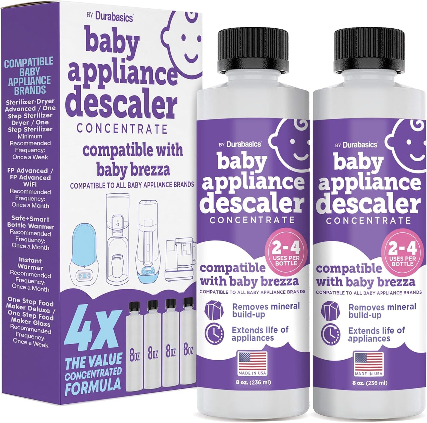 Durabasics [2 Pack] Baby Bottle Sterilizer Descaler – Compatible with Baby Brezza Sterilizers – Citric Acid Formula, Odorless, Helps Remove Mineral Buildup – Made in USA – 16oz