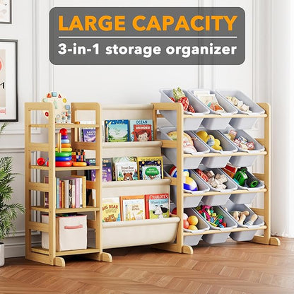 SpaceAid 3-in-1 Toy Storage Organizer with 4 Shelves and 12 Bins, Toy Organizers Storage 3-Tier Bookshelf, Kids Bin Shelf Box Bookcase for Bedroom Playroom Organization Room Decor, Neutral Gray