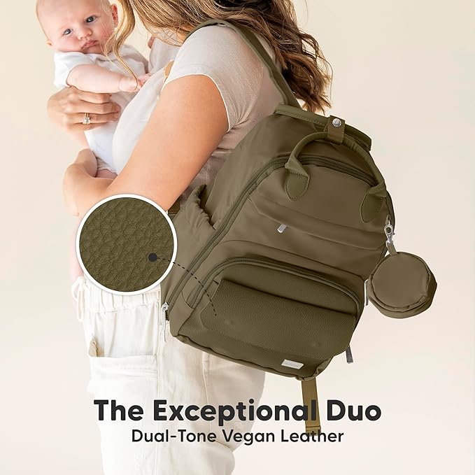 KeaBabies Diaper Bag Backpack - Small Multifunctional Travel Diaper Back Packs, Maternity Baby Changing Bags, 12L Capacity, PU Leather, Waterproof, Unisex, Nappy Changing Pad (Dark Olive, Small)