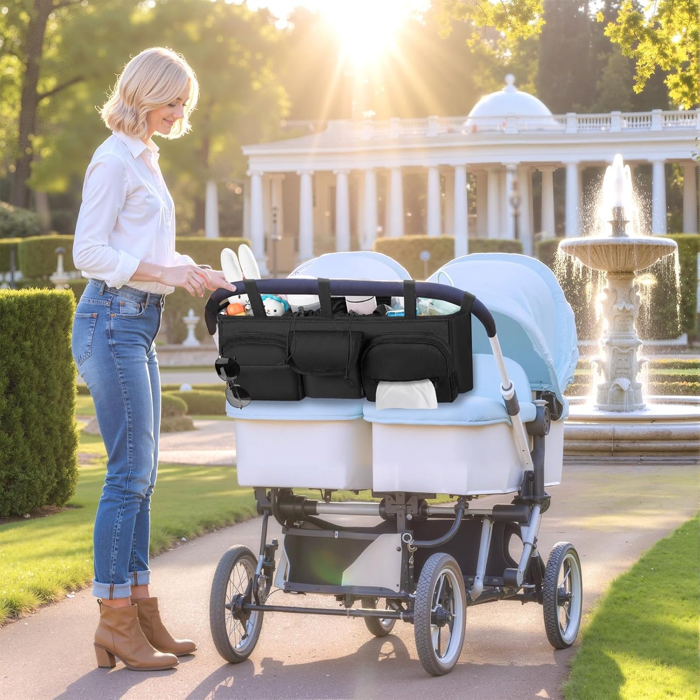 GDNasist Double Stroller Organizer Compatible with Bob Duallie and Baby Jogger City Mini GT2, Double Baby Stroller Accessories with Cooler Bag, Parent Console Double Jogging Stroller Caddy, Black