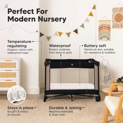 2 Pack and Play Sheets, Waterproof Mini Crib Sheets Fitted - 38x26 Organic Cotton Pack N Play Sheets for Graco Pack and Play Mattress, Playard Baby Crib Sheets,Neutral for Boy,Girl,Toddler(KeaSafari)