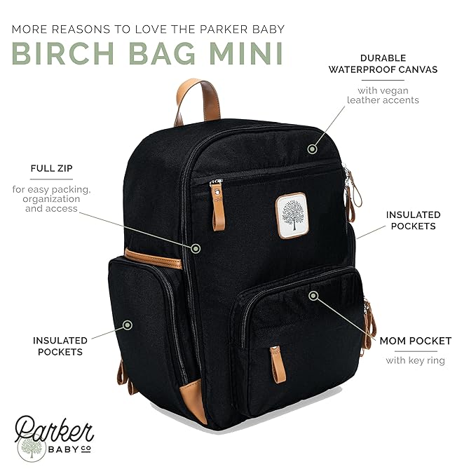 Parker Baby Co. Diaper Backpack - Full Zip Diaper Bag with Insulated Pockets - Black