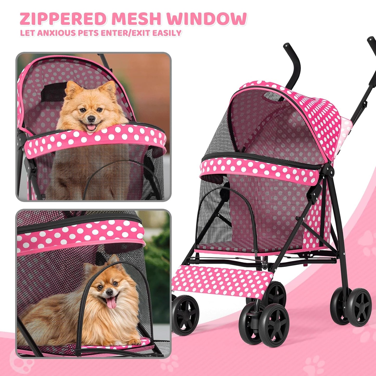 Magshion Compact Pet Stroller for Small-Medium Dogs/Cats up to 22lbs, 4-Wheel Lightweight Umbrella Shaped Portable Puppy Travel Jogger with Breathable Mesh, Cup Holder & Rear Storage, Black