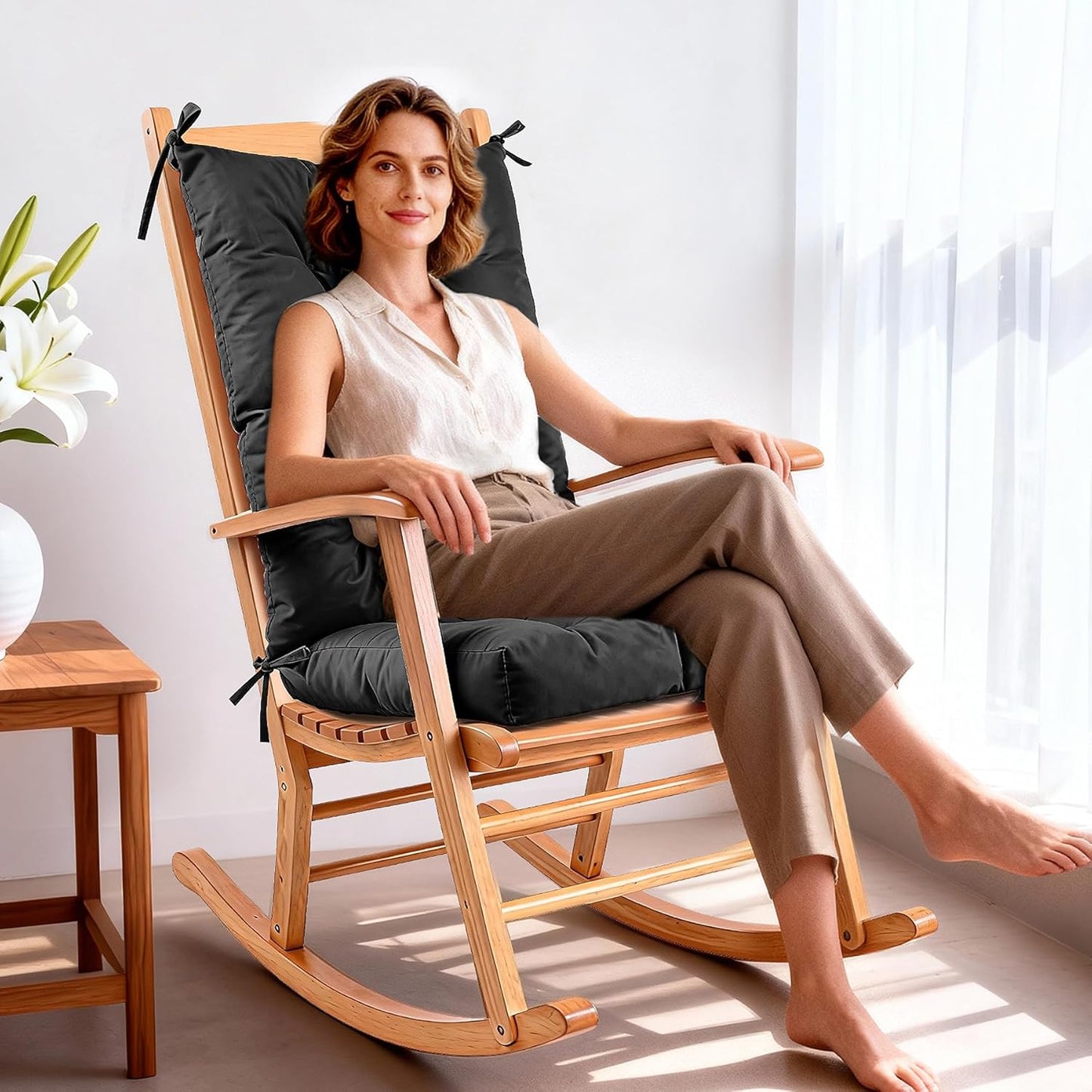 Rocking Chair Cushion with Ties Non-Slip Outdoor Rocking Chair Cushion Set Waterproof Fade-Resistant Porch Garden Patio Glider Rocker Cushions