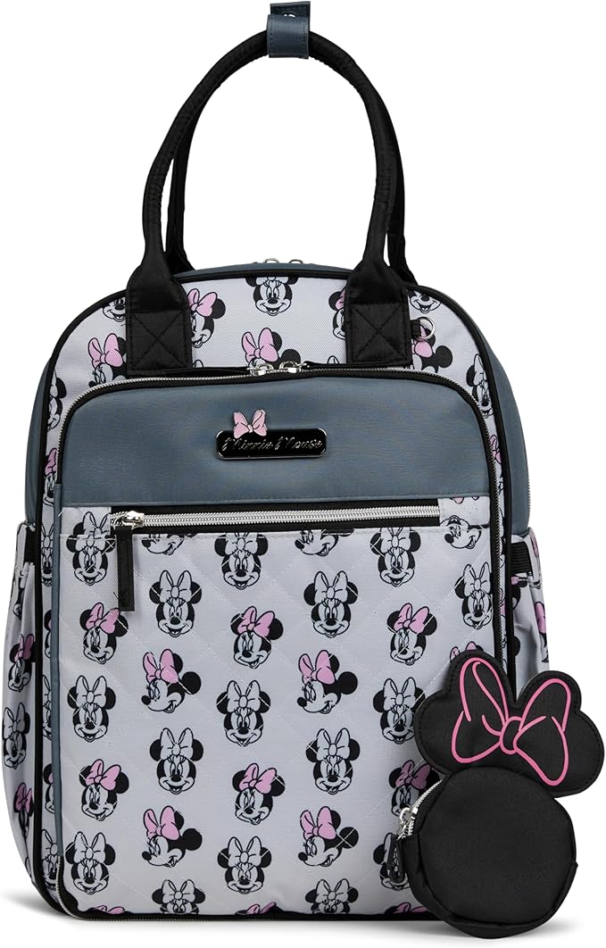 Disney Diaper Bag Backpack with Changing Pad Minnie Mouse – 16” Nylon Baby Bag for Parents, Insulated Bottle Holders, Multiple Storage Pockets