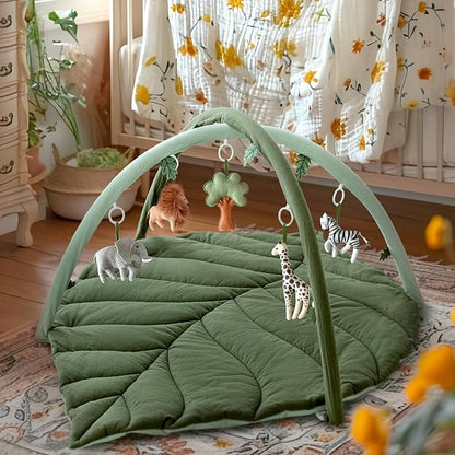 Baby Play Gym with Mat Leaf Shaped, Baby Play Mat with 5 Hanging Toys Tummy Time Mat, Baby Gym Activity Center, Washable (Green)
