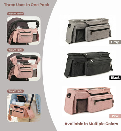 Black Universal Stroller Organizer with 2 Insulated Cup Holders, 3-in-1 Stroller Caddy with Detachable Phone Bag & Non-Slip Shoulder Strap, Fits Uppababy, Nuna, Doona, Baby Essentials