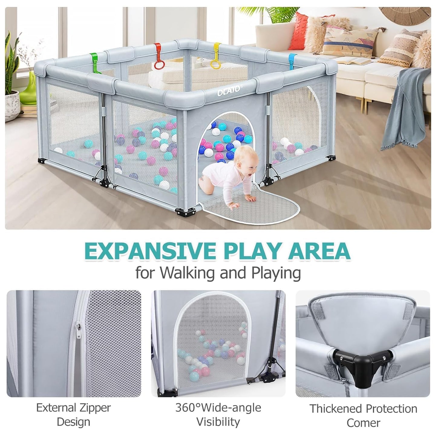 OCATO Baby Playpen Play Pen: Foldable Playpen for Babies and Toddlers Playard for Indoor Outdoor Activity Center Game Fence Safety Area Toddler Play Pen for Babies 6-12 Months Baby Gifts (50" × 50")