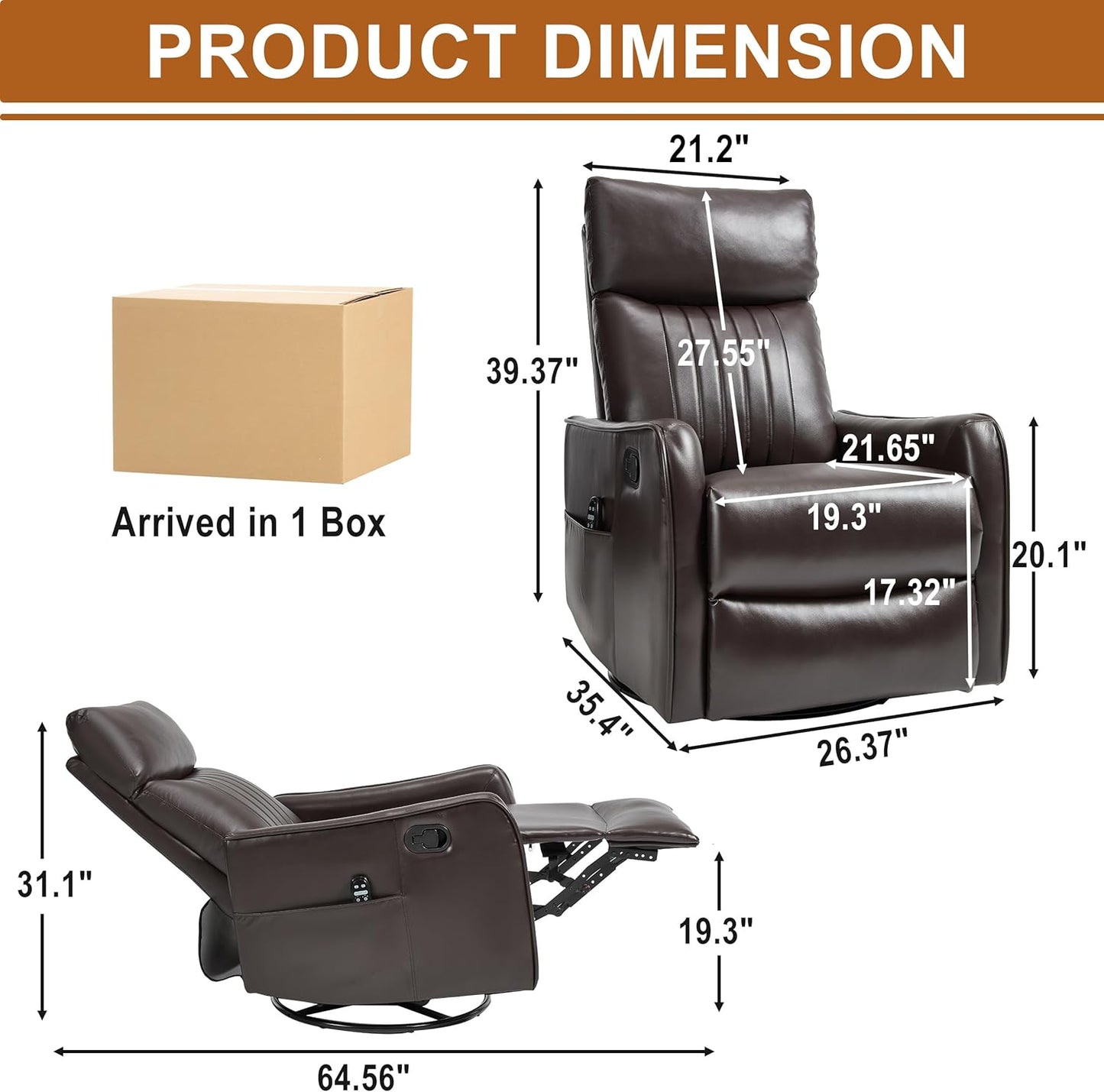 Manual 360° Swivel Rocker Recliner Chair for Adults, Overstuffed Glider Chair for Nursery with Vibration Massage and Heat, Comfy Soft Fabric Glider with Side Pockets for Living Room, Beige