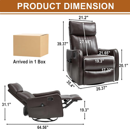 Manual 360° Swivel Rocker Recliner Chair for Adults, Overstuffed Glider Chair for Nursery with Vibration Massage and Heat, Comfy Soft Fabric Glider with Side Pockets for Living Room, Beige