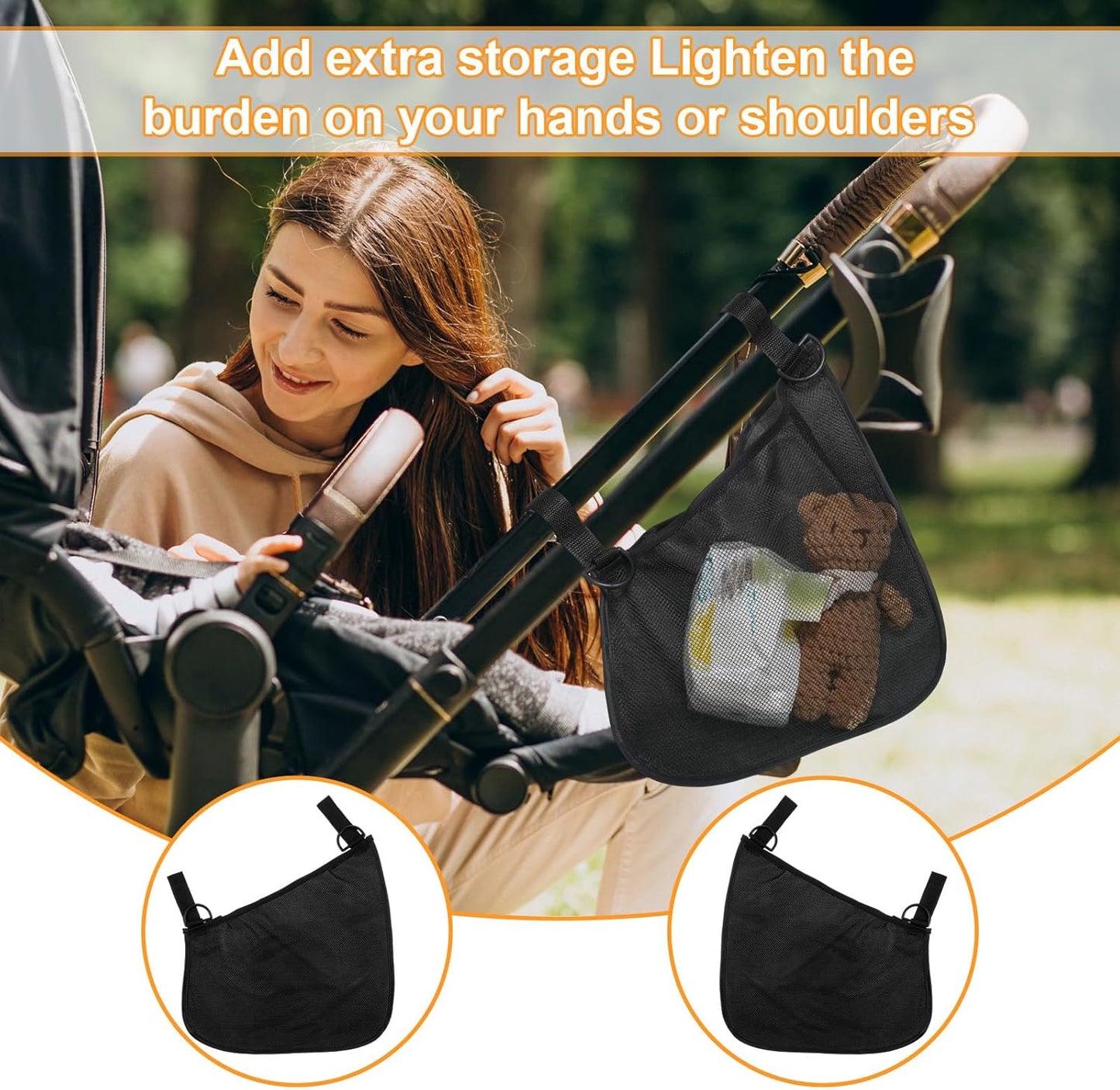 Qianyu 2 Pack Universal Side Sling Stroller, Cargo Net Portable Adjustable Strollers Storage Bag Black Organizer Mesh Bag with Non-Slip Straps to Increase Extra Stroller Storage Space