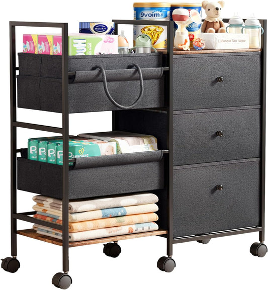 2-in-1 Baby Diaper Caddy Organizer and Storage-3 Tier Rolling Baby Cart with Dividers and Drawers, Baby Essentials for Nursery Storage, Mobile Utility Cart with Wheels Large Capacity Easy To Assemble
