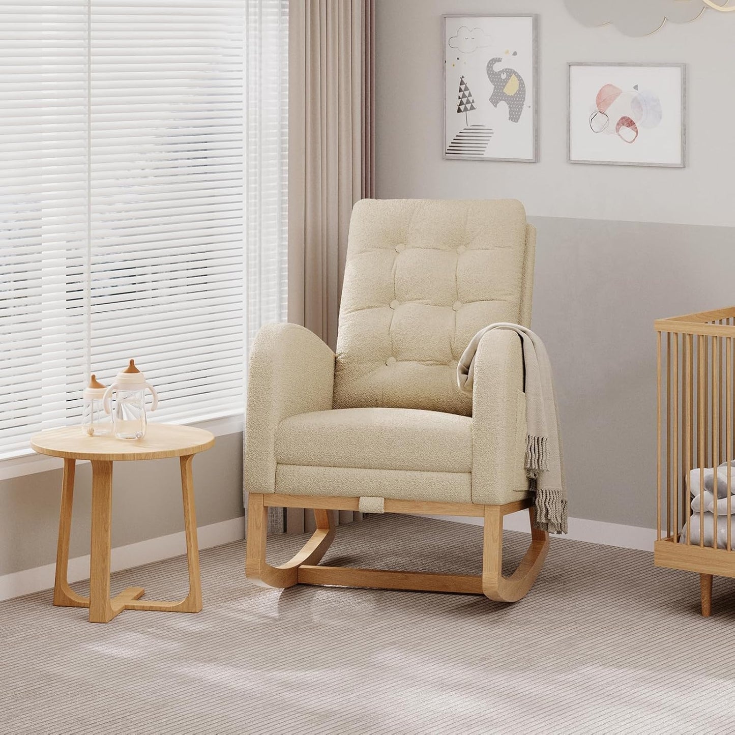 Modern Rocking Chair for Living Room, Comfortable Recliner Rocker with Side Pocket, Soft Linen Upholstered Glider Chair for Bedroom, Nursery, Lounge-Grey