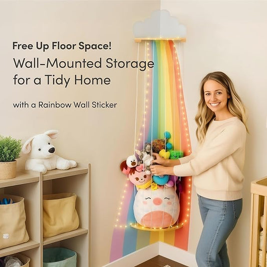 PUTSKA Nursery Furniture Hanging Organizer – Wall Mounted Stuffed Animal Storage for Baby Room, Corner Plush Collection Display & Nursery Organization System, Space-Saving Vertical Storage - Rainbow