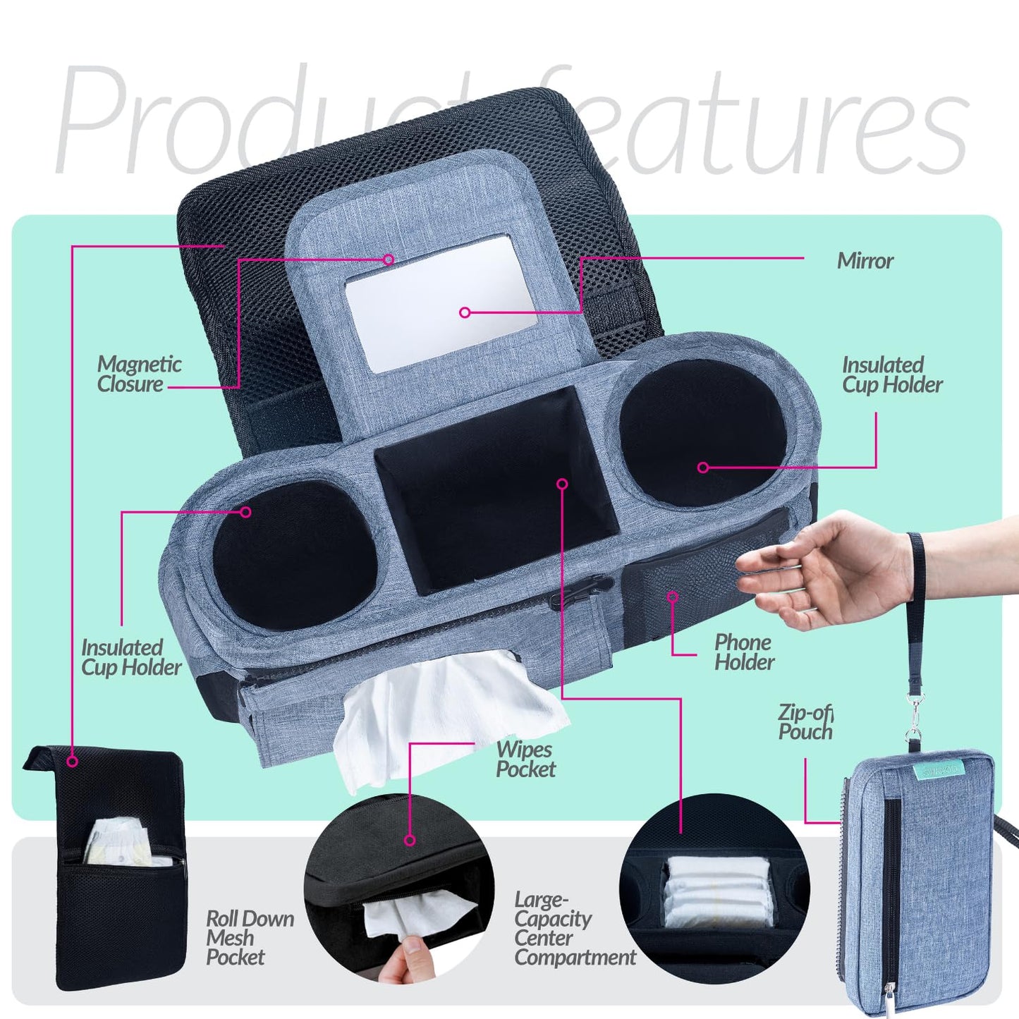 Swanoo Stroller Caddy Organizer With Cup Holder, Non Slip Straps Bag for Phone, Pet Stroller Accessories, Universal Fits Uppababby Vista v2 Wonderfold Wagon, Doona and More