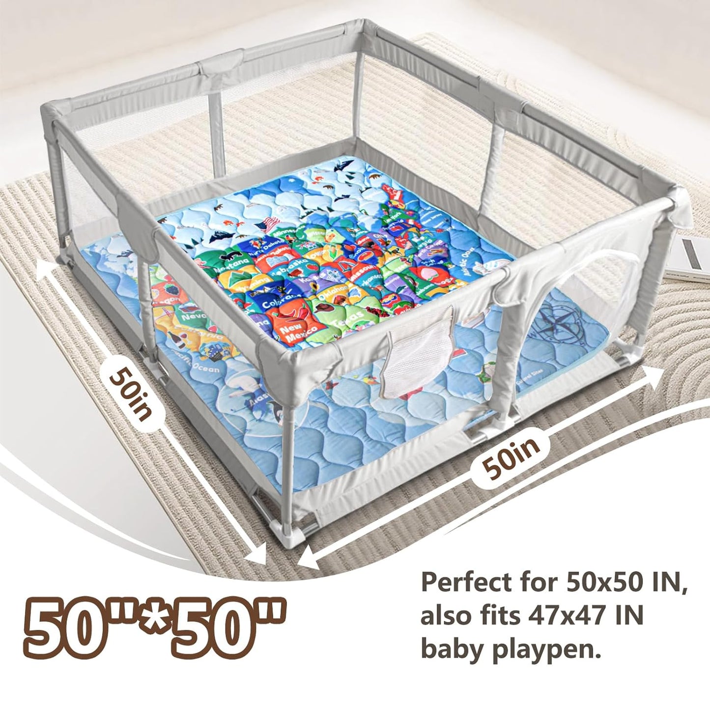 Baby Play Mat, 50x50 Playpen Mat with Super Soft Touch, Activity Mats with Upgraded Anti-Slip Bottom, Machine Washable Crawling Mats for Floor & Picnic (Animal Alphabets)