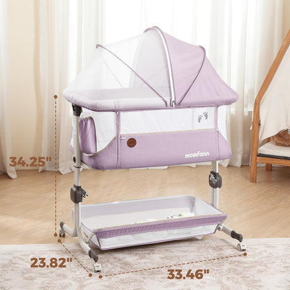 Baby Bassinet, Bedside Sleeper for Newborns Convertible Co-Sleeper Crib with Breathable Mesh, 6-Level Height Adjustment, Built-In Storage, Foldable Portable Bassinet for Home or Travel, Pink & Purple