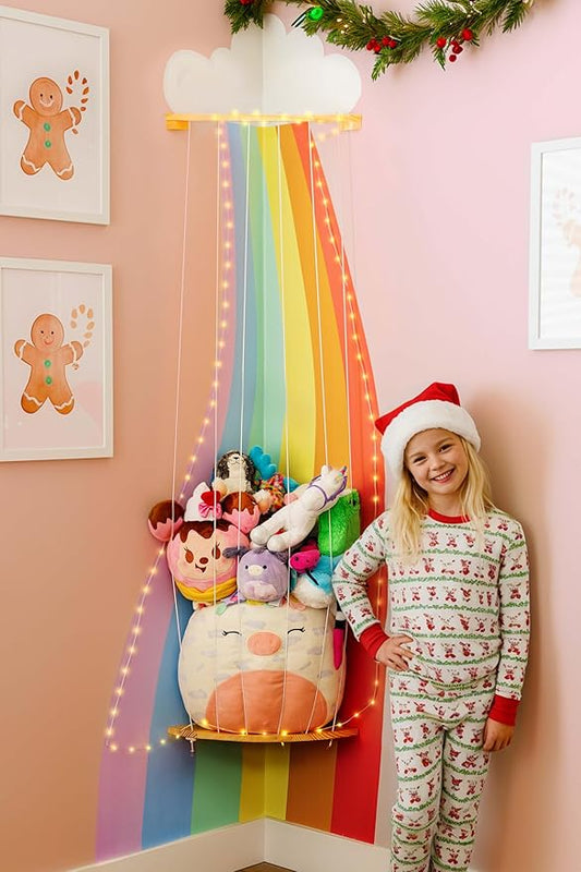 PUTSKA Nursery Furniture Hanging Organizer – Wall Mounted Stuffed Animal Storage for Baby Room, Corner Plush Collection Display & Nursery Organization System, Space-Saving Vertical Storage - Rainbow
