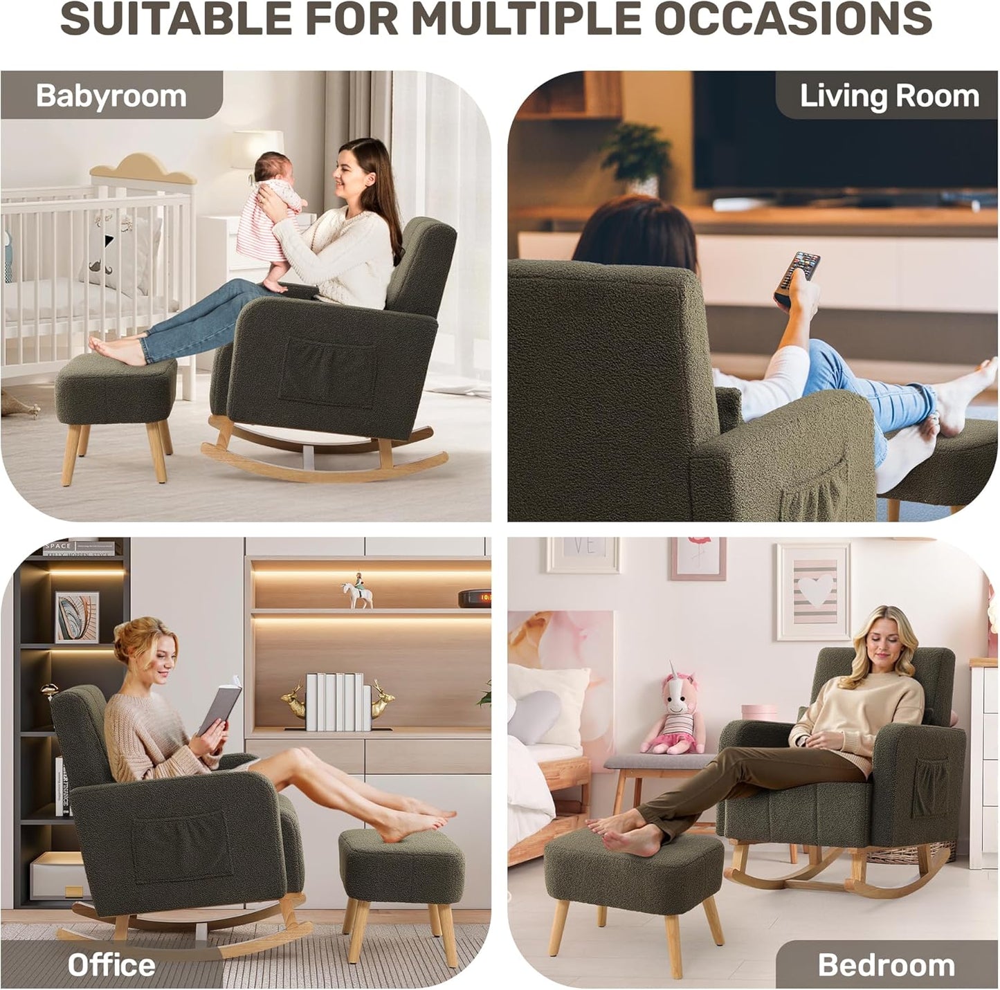 HCHAIRH Nursery Rocking Chair with Ottoman, Upholstered Glider Rocker with High Backrest Side Pocket, Rocking Accent Armchair with Solid Wood Legs for Nursery, Living Room, Bedroom, Light Grey