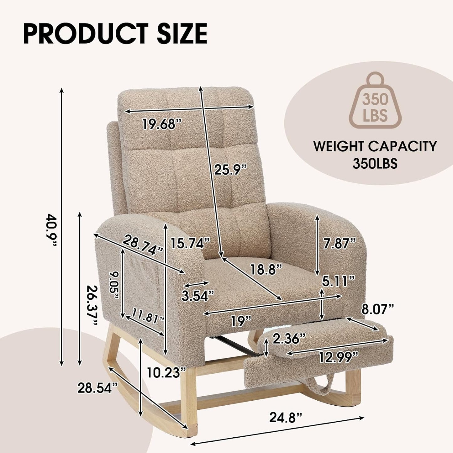 NIOIIKIT Modern Nursery Rocking Chair, Teddy Upholstered Rocking Chair with Footrest, Comfortable Rocker Recliner with Side Pocket, Rocker Glider for Living Room, Bedroom, Nursing Room (Apricot)