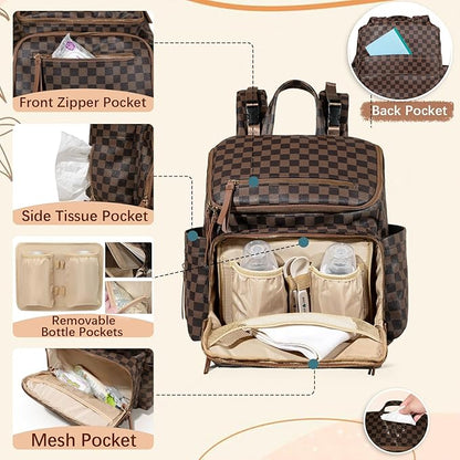 Omanmoli Checkered Diaper Bag Backpack Large Baby Diaper Bag Leather with 17 Diaper Bag Organizing Pouches,Changing Pad,Stroller Straps,4 Insulated Pockets, Coffee