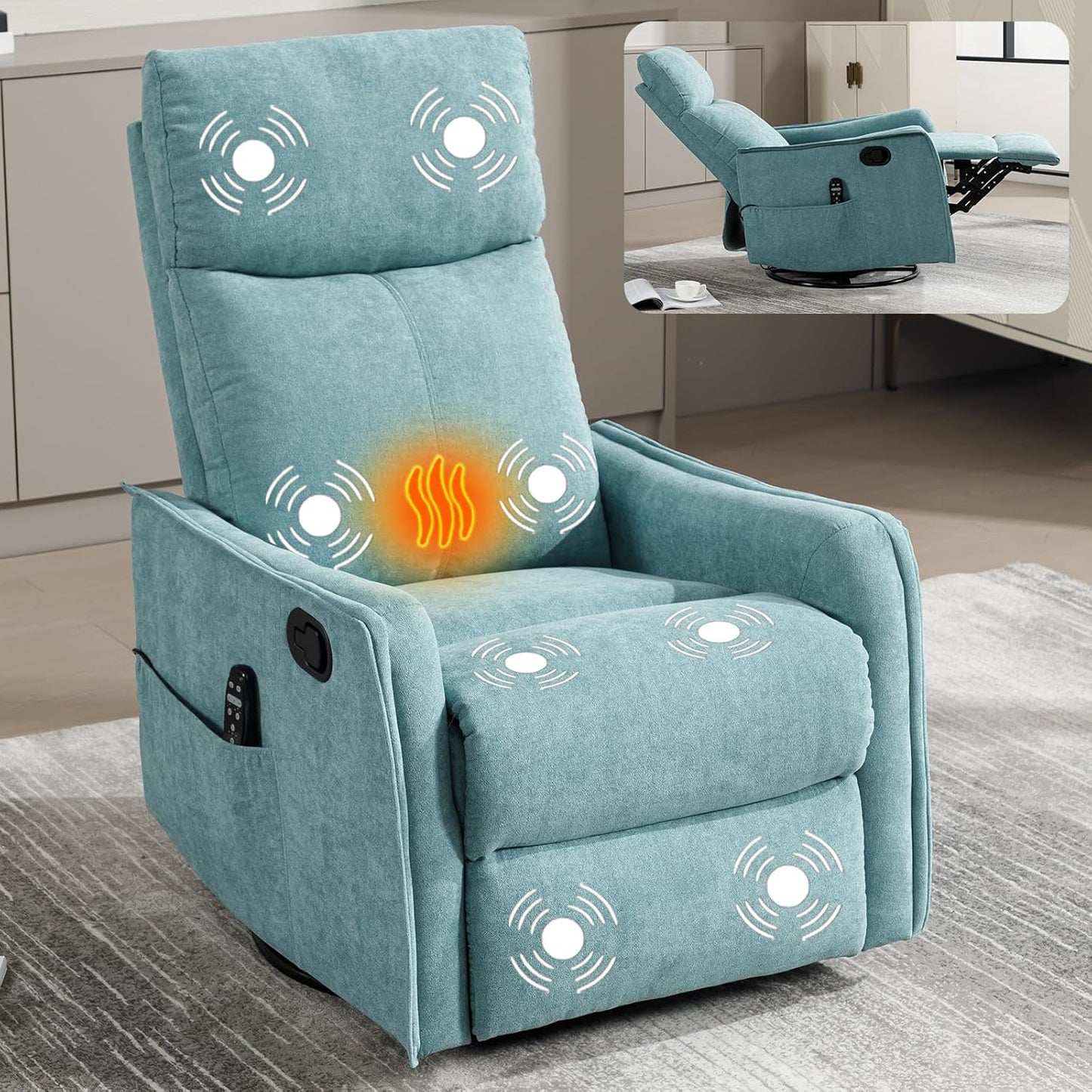 Massage Chair Recliner with Heat, Swivel Rocking Chair Recliner with High Back, Manual Nursery Recliners for Adults,Small Recliner Chair for Small Spaces, Living Room Bedroom, Fabric (Blue Green)